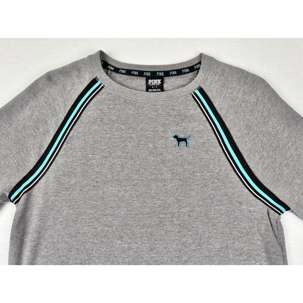 Victorias Secret PINK Gray Raglan Crewneck Sweatshirt Striped Logo Dog Size Smal - Picture 2 of 7